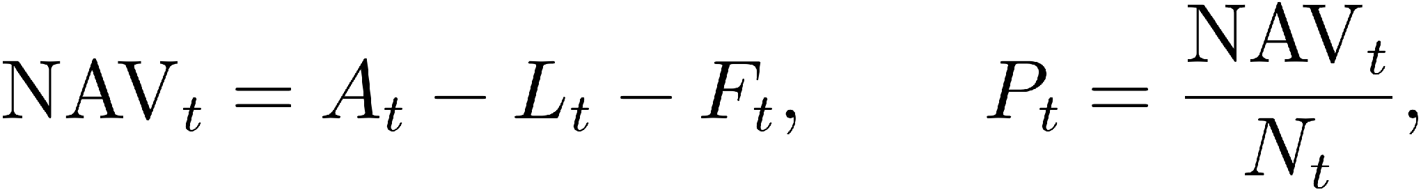 Net asset value equals assets minus liabilities and fees; share price equals net asset value divided by receipt tokens outstanding